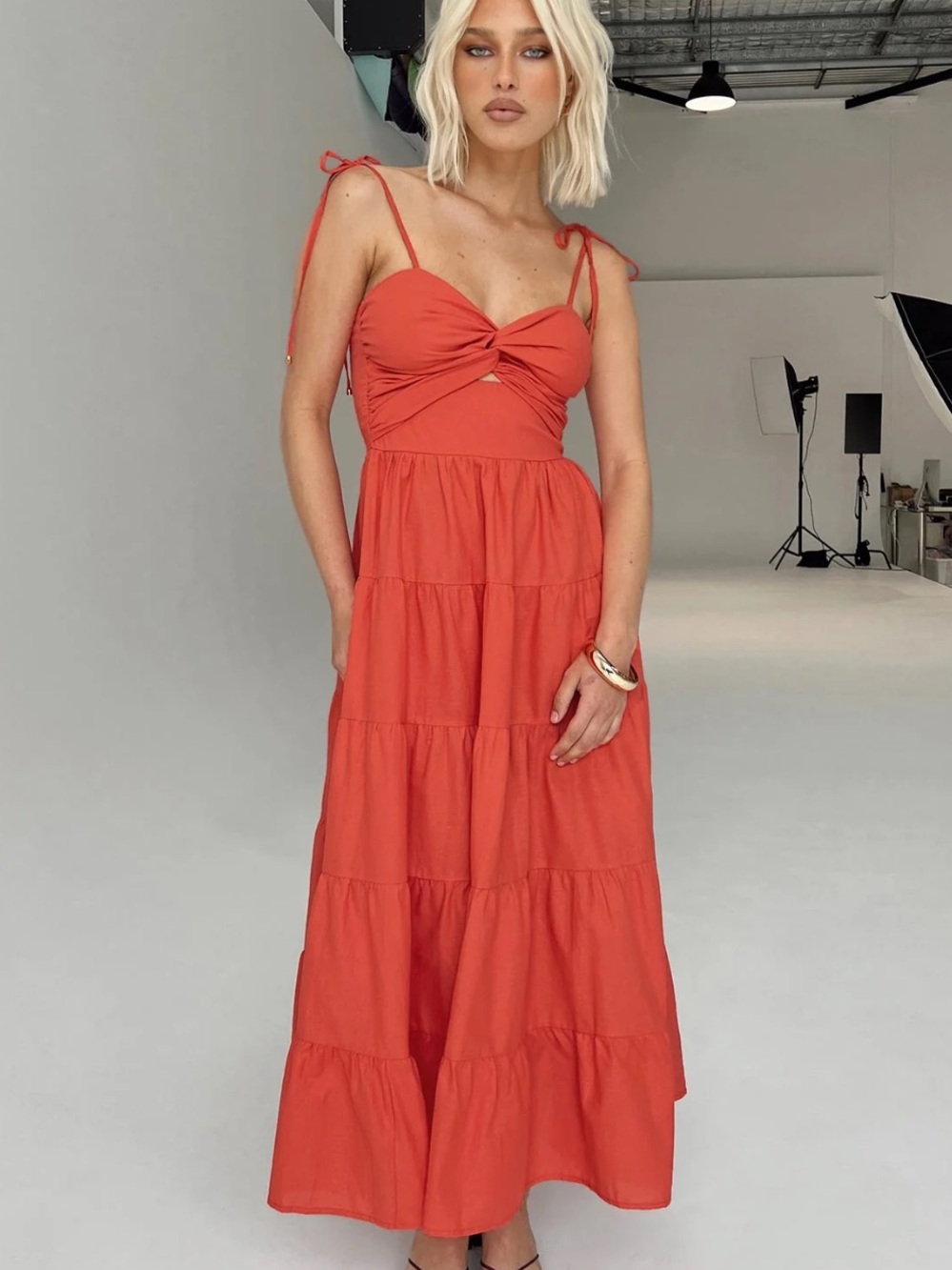 NWT Princess Polly Chavez Red Cotton Cutout Tie Strap Midi Dress US 0